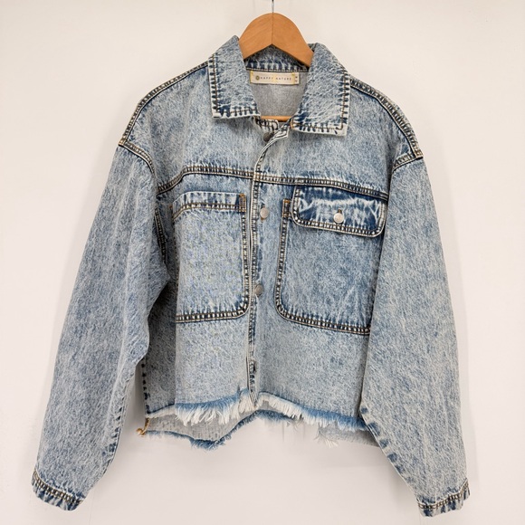 Happy Nature Womens Acid Wash Boxy Cropped Denim Jacket Oversized M 90s Grunge - Picture 2 of 14